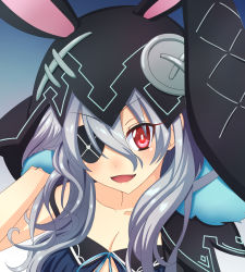 Rule 34 | 1girl, absurdres, alternate costume, alternate eye color, alternate hair color, animal hood, arm behind head, blush, bracelet, breasts, rabbit hood, cleavage, dark persona, date a live, eyepatch, hand up, highres, hood, jewelry, long hair, looking at viewer, red eyes, silver hair, small breasts, smile, solo, tora hou, yoshino (date a live)