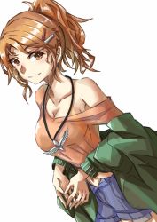 Rule 34 | 1girl, alternate costume, aquila (kancolle), bare shoulders, blue shorts, breasts, brown eyes, brown hair, casual, cleavage, collarbone, green jacket, hair ornament, hairclip, high ponytail, highres, jacket, jacket partially removed, jewelry, kantai collection, long hair, looking at viewer, necklace, off-shoulder shirt, off shoulder, one-hour drawing challenge, orange shirt, shirt, shorts, simple background, smile, solo, tonke, wavy hair, white background