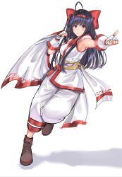 Rule 34 | 1girl, armpits, blue eyes, breasts, clenched hand, fingerless gloves, gloves, hair ribbon, highres, index finger raised, large breasts, leg up, legs, long hair, looking at viewer, nakoruru, pants, purple hair, ribbon, samurai spirits, snk, solo, the king of fighters, thighs, weapon