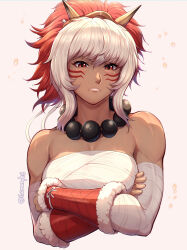 Rule 34 | 1girl, absurdres, bandaged arm, bandages, bare shoulders, bead necklace, beads, chest sarashi, commentary, commission, crossed arms, dark skin, evomanaphy, facial mark, fire emblem, fire emblem fates, highres, jewelry, looking at viewer, medium hair, necklace, nintendo, red eyes, rinkah (fire emblem), sarashi, solo, strapless, tube top, upper body, whisker markings, white hair