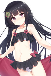 Rule 34 | 1girl, absurdres, bad id, bad pixiv id, bare arms, bare shoulders, bikini, black bikini, black hair, blush, bow, collarbone, commentary request, flower, frilled bikini, frills, girls&#039; frontline, green flower, hair flower, hair ornament, head tilt, highres, holding, j young, long hair, looking at viewer, navel, nose blush, red bow, red eyes, red flower, simple background, solo, swimsuit, type 100 (girls&#039; frontline), very long hair, white background, white bikini