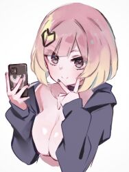 Rule 34 | 1girl, black eyes, black hair, black jacket, breasts, breasts squeezed together, cellphone, choker, cleavage, closed mouth, cropped torso, gradient hair, holding, holding phone, jacket, long sleeves, looking at viewer, medium breasts, multicolored hair, no bra, no shirt, open clothes, open jacket, original, phone, pink hair, sakura akami, short hair, simple background, smile, solo, split mouth, upper body, v over mouth, white background