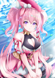 Rule 34 | 1girl, :o, absurdres, bare shoulders, blush, breasts, cleavage, cleavage cutout, clothing cutout, hair between eyes, hand on own knee, hat, heart cutout, highres, large breasts, long hair, looking at viewer, parted lips, pink hair, pink hat, princess connect!, purple eyes, sitting, solo, takemura kou, tsumugi (princess connect!), twintails, very long hair, wariza, water