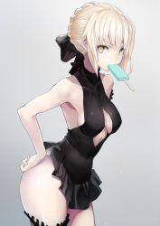 Rule 34 | 1girl, armpits, artoria pendragon (all), artoria pendragon (alter swimsuit rider) (fate), artoria pendragon (alter swimsuit rider) (first ascension) (fate), artoria pendragon (fate), bare arms, bare shoulders, black bow, black dress, blonde hair, bow, braid, breasts, commentary request, cowboy shot, dress, eyes visible through hair, fate (series), food, grey background, hair between eyes, hair bow, hair bun, hands on own hips, highres, ice cream, impossible clothes, looking at viewer, medium breasts, mouth hold, popsicle, saber alter, simple background, single hair bun, solo, standing, taishi (picchiridou), thighhighs, yellow eyes