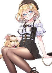 Rule 34 | 1girl, absurdres, ayaoshiro, bag, bare shoulders, black skirt, blonde hair, blue eyes, blush, breasts, brown pantyhose, bubba (watson amelia), collarbone, commentary request, dog, earrings, glasses, grin, gun, hair ornament, hairclip, handbag, handgun, hat, heart, heart earrings, highres, hololive, hololive english, holster, holstered, jewelry, looking at viewer, medium breasts, official alternate costume, pantyhose, partial commentary, pistol, round eyewear, short hair, simple background, skirt, smile, solo, virtual youtuber, watson amelia, watson amelia (street casual), weapon, white background, zipper