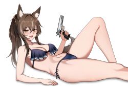 1girl animal_ears bare_arms bare_legs bare_shoulders bikini black_bikini breasts brown_hair callisto_(greyeth) cero_(last2stage) cleavage feet_out_of_frame gun halterneck handgun highres holding holding_gun holding_weapon knee_up long_hair looking_at_viewer lying medium_breasts multicolored_hair navel on_back open_mouth orange_eyes original ponytail side-tie_bikini_bottom simple_background smile solo stomach strap_gap streaked_hair string_bikini swimsuit thighs trigger_discipline weapon weapon_request white_background wolf_ears