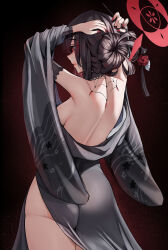 Rule 34 | 1girl, absurdres, adjusting hair, arms up, ass, bare back, black hair, black kimono, blue archive, blush, breasts, fingernails, fluffyebi01, from behind, hair ornament, hair stick, halo, highres, japanese clothes, kimono, kimono pull, kokuriko (blue archive), median furrow, medium breasts, nail polish, parted lips, red eyes, solo, tassel, tassel hair ornament