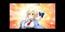 Rule 34 | 1girl, ahoge, backlighting, blazblue, blonde hair, blush, border, bow, braid, breasts, brooch, collared shirt, es (xblaze), flipped hair, floating hair, frills, from side, game cg, glowing, gradient background, gradient eyes, hair between eyes, hair bow, hair ribbon, highres, higuchi konomi, holding, huge ahoge, jewelry, lace, long hair, long sleeves, looking at viewer, multicolored eyes, necktie, official art, open clothes, red eyes, ribbon, shirt, single braid, sparkle, spoon, underbust, upper body, xblaze, xblaze code: embryo, yellow eyes
