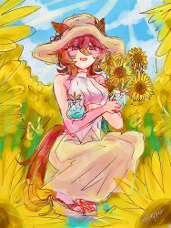 agnes_tachyon_(umamusume) animal_ears blue_sky brown_hair chemical_structure cloud cup earrings ears_through_headwear field flower flower_field hair_between_eyes hat holding holding_cup horse_ears horse_girl horse_tail ice jewelry medium_hair open_mouth outdoors pants pepparx2 red_eyes sandals shirt signature single_earring sky sleeveless sleeveless_shirt smile sun_hat sunflower sunflower_field tail twitter_username umamusume white_shirt wolf_cut yellow_pants