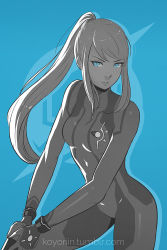Rule 34 | 1girl, arrancar, artist name, blue background, blue eyes, bodysuit, breasts, cowboy shot, fighting stance, koyorin, logo, long hair, looking at viewer, metroid, mole, mole under mouth, monochrome, nintendo, parted lips, ponytail, samus aran, sidelocks, simple background, small breasts, solo, spot color, standing, super smash bros., watermark, web address, zero suit