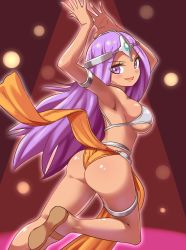 Rule 34 | 1girl, armpits, ass, bikini, bikini top only, blush, breasts, circlet, cougar (cougar1404), dancer&#039;s costume (dq), dancing, dark skin, dark-skinned female, dragon quest, dragon quest iv, female focus, from behind, jewelry, long hair, looking back, manya (dq4), matching hair/eyes, open mouth, pelvic curtain, purple eyes, purple hair, skindentation, smile, solo, swimsuit, underboob, wedgie