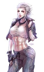 Rule 34 | 1girl, abs, bandeau, bracelet, breasts, collared jacket, cropped jacket, final fantasy, final fantasy xiv, fingerless gloves, gloves, grey hair, hand on own thigh, highres, jacket, jewelry, large breasts, leki ixion, lips, merlwyb bloefhiswyn, navel, open clothes, open jacket, pendant, roegadyn, short hair, simple background, solo, sports bra, white background, white bandeau, yellow eyes