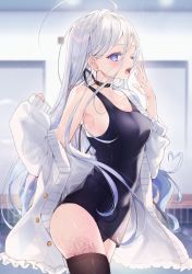 Rule 34 | 1girl, bare shoulders, black one-piece swimsuit, blurry, blurry background, brown thighhighs, commentary request, depth of field, grey hair, hands up, highres, indoors, jacket, long hair, long sleeves, off shoulder, one-piece swimsuit, one eye closed, open clothes, open jacket, open mouth, original, paraffin, puffy long sleeves, puffy sleeves, purple eyes, sleeves past wrists, solo, swimsuit, thighhighs, very long hair, white jacket, yawning