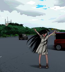 Rule 34 | 1girl, absurdres, arms up, building, car, cloud, cloudy sky, commentary request, covered eyes, day, double v, dress, facing viewer, floating hair, foliage, guard rail, hair over eyes, highres, kunikida kunio, long hair, messy hair, motor vehicle, original, outdoors, puffy short sleeves, puffy sleeves, road, shoes, short sleeves, sky, smile, sneakers, solo, standing, straight-on, v, very long hair, white dress, wide shot