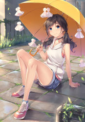 Rule 34 | 1girl, absurdres, amano hina (tenki no ko), arm support, blue eyes, blue shorts, blue socks, blurry, blurry background, brown hair, choker, closed mouth, collarbone, day, full body, highres, holding, holding umbrella, hood, hood down, hooded vest, hoodie, long hair, looking at viewer, outdoors, red shirt, sgt-jz, shirt, shoes, short shorts, shorts, sitting, sleeveless, sleeveless shirt, smile, sneakers, socks, solo, sunlight, swept bangs, tenki no ko, umbrella, vest, white vest, yellow umbrella