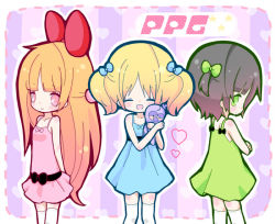 Rule 34 | 3girls, belt, black hair, blonde hair, blossom (ppg), bow, bubbles (ppg), buttercup (ppg), child, closed eyes, dress, from side, green eyes, long hair, looking at viewer, maako (yuuyake.), multiple girls, open mouth, pink eyes, powerpuff girls, short hair, sleeveless, sleeveless dress, socks, stuffed toy, twintails