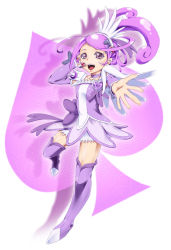 Rule 34 | 1girl, :d, arm warmers, boots, bow, brooch, choker, cure sword, curly hair, dokidoki! precure, full body, hair ornament, hairpin, headphones, heart, heart brooch, kenbi (hi himmy), kenzaki makoto, magical girl, mosaic background, open mouth, outstretched hand, ponytail, precure, purple background, purple eyes, purple footwear, purple hair, purple skirt, purple theme, purple thighhighs, ribbon, short hair, skirt, smile, solo, spade, spade hair ornament, thigh boots, thighhighs, grid background