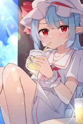 Rule 34 | 1girl, absurdres, blue hair, blue nails, blue sky, cloud, commentary request, cup, drinking, drinking glass, hat, hat ribbon, highres, holding, holding cup, katsukare, light particles, light rays, looking at viewer, mob cap, outdoors, pointy ears, red eyes, red ribbon, remilia scarlet, ribbon, shirt, short hair, short sleeves, sitting, skirt, sky, solo, touhou, white hat, white shirt, white skirt, wrist cuffs