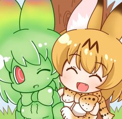 Rule 34 | 10s, 2girls, :d, ;d, ^ ^, animal ears, bare shoulders, black hair, blonde hair, blue sky, blush, bow, bowtie, breasts, cellval, chibi, closed eyes, colored skin, day, elbow gloves, eyebrows, eyelashes, fang, gloves, grass, green bow, green gloves, green hair, green neckwear, green shirt, green skin, hair between eyes, kemono friends, looking at another, looking to the side, medium breasts, multicolored bow, multicolored bowtie, multicolored clothes, multicolored gloves, multicolored hair, multiple girls, no eyebrows, no nose, one eye closed, open mouth, outdoors, red eyes, serval (kemono friends), serval print, shiny clothes, shiny skin, shirt, short hair, sky, sleeveless, sleeveless shirt, smile, tongue, tree, two-tone hair, white shirt, ziogon