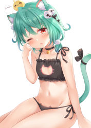 Rule 34 | 1girl, = =, animal, animal ear fluff, animal ears, animal on head, bare arms, bare shoulders, bell, bird, bird on head, black bow, black bra, black choker, black panties, blush, bow, bra, breasts, cat cutout, cat ear panties, cat ears, cat girl, cat lingerie, cat tail, chick, choker, cleavage cutout, closed eyes, clothing cutout, commentary request, green hair, groin, hair between eyes, hand up, hololive, jingle bell, looking at viewer, meme attire, navel, neck bell, nikoo, on head, one eye closed, open mouth, panties, parted lips, piyoko (uruha rushia), red eyes, rubbing eyes, side-tie panties, simple background, small breasts, solo, tail, tail bow, tail ornament, tail raised, underwear, underwear only, uruha rushia, virtual youtuber, white background, zzz