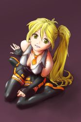 Rule 34 | 1girl, akita neru, blonde hair, breasts, chiffonjena, cleavage, female focus, from above, full body, gradient background, long hair, necktie, side ponytail, sitting, skirt, smile, solo, thighhighs, vocaloid, yellow eyes, zettai ryouiki