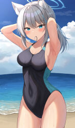 Rule 34 | absurdres, animal ear fluff, animal ears, arms behind head, beach, black one-piece swimsuit, blue archive, blue eyes, blue sky, breasts, cloud, commentary request, competition swimsuit, covered navel, cross hair ornament, day, extra ears, grey hair, hair ornament, halo, highres, horizon, low ponytail, medium breasts, medium hair, mismatched pupils, mouth hold, multicolored clothes, multicolored swimsuit, ocean, one-piece swimsuit, outdoors, rubber band, shiroko (blue archive), shiroko (swimsuit) (blue archive), sky, swimsuit, wolf ears, yuzuri amane