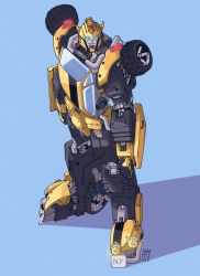 Rule 34 | 1boy, absurdres, autobot, blue eyes, bumblebee, commentary, english commentary, from above, highres, horns, i heart..., lextodrawstuff, mecha, no humans, robot, science fiction, smile, solo, standing, transformers, wheel
