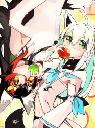 Rule 34 | 2girls, absurdres, ahoge, animal ear fluff, animal ears, apple, black hair, blue neckerchief, braid, commentary request, detached sleeves, eating, food, fox ears, fox girl, fox tail, fruit, glasses, green eyes, hair between eyes, highres, holding, holding food, holding fruit, hololive, hood, hoodie, long hair, looking at viewer, misono denpachi, multicolored hair, multiple girls, neckerchief, ookami mio, ookami mio (casual), pentagram, red hair, shirakami fubuki, shirakami fubuki (1st costume), shirt, sidelocks, single braid, tail, two-tone hair, virtual youtuber, white hair, white hoodie, white shirt, white sleeves, wolf ears, wolf girl, wolf tail, yellow eyes