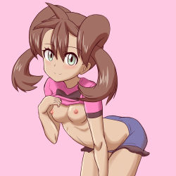 Rule 34 | 1girl, arched back, bad id, bad pixiv id, bent over, blouse, blush, breasts, brown hair, clothes lift, creatures (company), dark-skinned female, dark skin, flashing, game freak, green eyes, hair between eyes, lifting own clothes, looking at viewer, nintendo, nipples, no bra, pink background, pink shirt, pokemon, pokemon xy, shauna (pokemon), shirt, shirt lift, short shorts, shorts, shougun (chuckni1), simple background, small breasts, smile, solo, standing, stomach, twintails