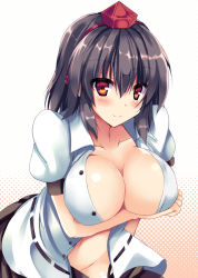 Rule 34 | 1girl, bad id, bad pixiv id, black hair, black skirt, blush, breast hold, breasts, center opening, closed mouth, collarbone, dress shirt, groin, hat, large breasts, looking at viewer, navel, open clothes, open shirt, pointy ears, puffy short sleeves, puffy sleeves, red eyes, ryokushiki (midori-ya), shameimaru aya, shirt, short sleeves, skirt, smile, solo, tokin hat, touhou, upper body, white shirt