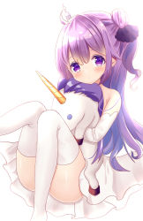 Rule 34 | 1girl, ahoge, ass, azur lane, black bow, black ribbon, blush, bow, commentary request, cosplay, hugging doll, dress, hair bun, highres, looking at viewer, mimikaki (men bow), hugging object, off-shoulder dress, off shoulder, one side up, purple eyes, purple hair, ribbon, single hair bun, stuffed animal, stuffed pegasus, stuffed toy, stuffed unicorn, stuffed winged unicorn, thighhighs, unicorn, unicorn (azur lane), white dress, white thighhighs, xingchen, xingchen (cosplay)