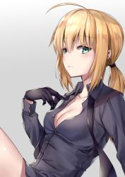 Rule 34 | 1girl, ahoge, artoria pendragon (all), artoria pendragon (fate), black gloves, blonde hair, blush, breasts, buttons, cleavage, collarbone, collared shirt, dress shirt, fate/zero, fate (series), frown, gloves, gradient background, green eyes, grey background, hair between eyes, hane yuki, highres, lips, long hair, long sleeves, looking at viewer, medium breasts, necktie, ponytail, saber (fate), shirt, solo, unbuttoned, untied, white background