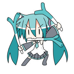 Rule 34 | &gt;:3, 1girl, :3, chibi, chibi miku, fighting stance, hatsune miku, minami (colorful palette), mouth hold, one piece, parody, roronoa zoro, solo, spring onion, triple wielding, twintails, v-shaped eyebrows, vocaloid, | |