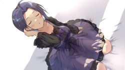 Rule 34 | 1girl, ahoge, babydoll, blue hair, blush, closed eyes, commentary request, commission, dress, dutch angle, facing viewer, highres, idolmaster, idolmaster (classic), incoming kiss, long sleeves, miura azusa, on bed, pixiv commission, purple dress, see-through, short hair, shuucream (syuichi), sitting, solo, wariza