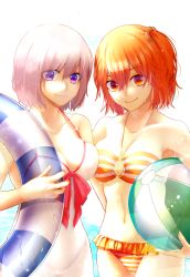 Rule 34 | 2girls, arm behind back, armpits, bad id, bad pixiv id, ball, bare shoulders, beachball, bikini, blush, breasts, cleavage, cleavage cutout, closed mouth, clothing cutout, collarbone, cowboy shot, eyes visible through hair, fate/grand order, fate (series), frilled bikini, frills, fujimaru ritsuka (female), fujimaru ritsuka (female) (brilliant summer), hair between eyes, hair over one eye, halterneck, highres, holding, holding ball, holding swim ring, innertube, large breasts, looking at viewer, mash kyrielight, mash kyrielight (swimsuit of perpetual summer), medium breasts, multiple girls, navel, o-ring, o-ring bikini, official alternate costume, orange bikini, orange eyes, orange hair, parted bangs, purple eyes, purple hair, satsuki ame, short hair, short ponytail, side-by-side, side ponytail, smile, standing, striped bikini, striped clothes, swim ring, swimsuit, white bikini