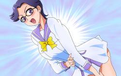 Rule 34 | 1girl, blush, bow, davi (dokidoki! precure), db (dokidoki! precure), dokidoki! precure, dress, dutch angle, earrings, glasses, jewelry, looking at viewer, open mouth, pcwr etchy, precure, purple eyes, purple hair, sailor collar, solo