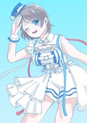 Rule 34 | 1girl, ;), aqua background, aqua eyes, artist name, artist request, bare legs, bare shoulders, beginner&#039;s sailing, belt, blue eyes, blue hat, blue ribbon, blush, bow, breasts, brown hair, buttons, choker, collar, collarbone, collared shirt, dress, female focus, frilled dress, frills, grey hair, hair between eyes, hat, hat bow, hat ribbon, highres, light brown hair, looking at viewer, love live!, love live! school idol festival, love live! sunshine!!, medium breasts, mini hat, one eye closed, pants, red ribbon, ribbon, salute, shirt, short hair, shorts, sidelocks, smile, solo, waist cape, watanabe you, white belt, white bow, white choker, white collar, white pants, white ribbon, white shirt, white shorts, white wristband, wristband
