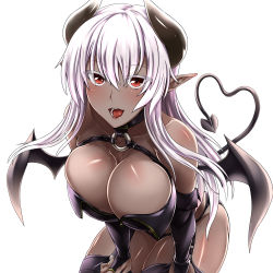 Rule 34 | 1girl, black gloves, black thighhighs, blush, breasts, cleavage, curvy, dark-skinned female, dark skin, demon girl, elbow gloves, female focus, gloves, heart, heart tail, highres, horns, large breasts, leaning forward, looking at viewer, open mouth, original, pointy ears, simple background, smile, solo, sorono wa soro, tail, thick thighs, thighhighs, thighs, tsurime, white hair, wings