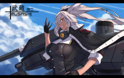 Rule 34 | breasts, cape, character name, chrysanthemum, cloud, dark-skinned female, dark skin, day, flower, glasses, gloves, kantai collection, looking at viewer, mrnn, musashi (kancolle), musashi kai ni (kancolle), outdoors, prototype 51cm twin gun mount, solo, twintails, white hair