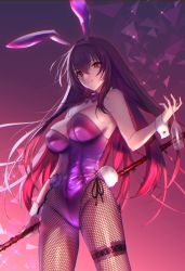 Rule 34 | 1girl, absurdres, animal ears, bare shoulders, blush, breasts, cleavage, cup, detached collar, drinking glass, fake animal ears, fate/grand order, fate (series), fishnet pantyhose, fishnets, gae bolg (fate), gradient background, hair between eyes, highleg, highleg leotard, highres, katase bono, large breasts, leotard, long hair, looking at viewer, official alternate costume, pantyhose, parted lips, playboy bunny, polearm, purple hair, purple leotard, rabbit ears, rabbit tail, red eyes, scathach (fate), scathach (piercing bunny) (fate), spear, tail, thighs, weapon, wrist cuffs