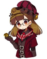 Rule 34 | 1girl, belt, belt buckle, black belt, brown hair, buckle, collared shirt, commentary request, cropped torso, double bun, e.g.o (project moon), employee (project moon), empty eyes, frilled hat, frills, glasses, grey shirt, grey vest, hair bun, hat, hat bell, holding, holding smoking pipe, hoshizuki sakusa, jacket, layered sleeves, lobotomy corporation, long hair, long sleeves, mask, multiple belts, necktie, no nose, open clothes, open jacket, open mouth, orange eyes, project moon, rectangular eyewear, red hat, red jacket, red mask, red necktie, shirt, short over long sleeves, short sleeves, simple background, smoking pipe, solo, unworn mask, upper body, vest, white background