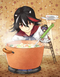 Rule 34 | 2girls, apron, black hair, bowl, commentary request, cooking, food, hat, horns, kijin seija, ladder, ladle, licking lips, mini person, minigirl, multicolored hair, multiple girls, pot, purple hair, red eyes, red hair, silver hair, steam, streaked hair, sukuna shinmyoumaru, tongue, tongue out, touhou, urin