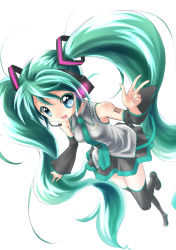 Rule 34 | 1girl, aqua eyes, aqua hair, bare shoulders, black thighhighs, boots, detached sleeves, from above, green hair, hatsune miku, headset, highres, long hair, looking at viewer, miesa, necktie, open mouth, perspective, skirt, solo, thigh boots, thighhighs, twintails, very long hair, vocaloid
