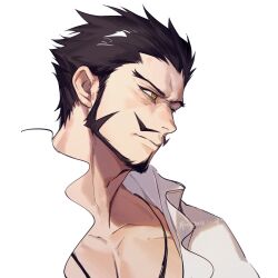 Rule 34 | 1boy, black hair, closed mouth, dated, dracule mihawk, facial hair, frilled shirt, frills, from side, hair slicked back, highres, jewelry, jyukawa, long sideburns, male focus, mustache, necklace, one piece, open clothes, open shirt, partially colored, profile, shirt, short hair, sideburns, signature, solo, white background, white shirt, yellow eyes