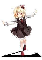 Rule 34 | 1girl, blonde hair, blush, gorilla (bun0615), hair ribbon, highres, outstretched arms, red eyes, ribbon, rumia, short hair, simple background, skirt, smile, solo, touhou, white background