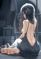 Rule 34 | 1girl, ass, back, backless dress, backless outfit, bare back, bare shoulders, barefoot, black hair, box, breasts, butt crack, cleavage, closed mouth, dress, expressionless, full body, genek, gift, gift box, highres, indoors, long hair, on floor, original, photoshop (medium), reflection, shoes, unworn shoes, sitting, solo, window, yellow eyes, yokozuwari