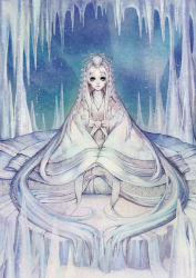 Rule 34 | 00s, 1girl, blue eyes, hair ornament, hime cut, ice, japanese clothes, kimono, layered clothes, layered kimono, long hair, nayoung wooh, seiza, sitting, the snow queen, the snow queen (character), very long hair, white hair