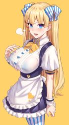Rule 34 | 1girl, apron, blonde hair, blue eyes, blue nails, bow, bra visible through clothes, breasts, buttons, hair bow, heart button, highres, large breasts, lina (michihasu), long hair, looking at viewer, michihasu, multicolored eyes, nail polish, original, pantyhose, puffy short sleeves, puffy sleeves, purple eyes, see-through, short sleeves, simple background, solo, standing, striped bow, striped clothes, striped legwear, striped pantyhose, two side up, vertical-striped bow, vertical-striped clothes, vertical-striped pantyhose, waist apron, wet, wet clothes, white apron, wrist cuffs, yellow background