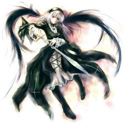 Rule 34 | 00s, 1girl, abudala, dress, female focus, frills, full body, gradient background, hairband, highres, long hair, red eyes, rozen maiden, silver hair, solo, suigintou, sword, weapon, white background, wings