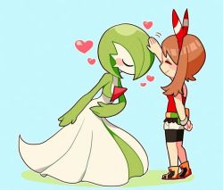 Rule 34 | 10s, 2girls, blush, bow, bowing, brown hair, closed eyes, creatures (company), game freak, gardevoir, gen 3 pokemon, headpat, heart, may (pokemon), mommorua, multiple girls, nintendo, pokemon, pokemon (creature), pokemon oras, simple background